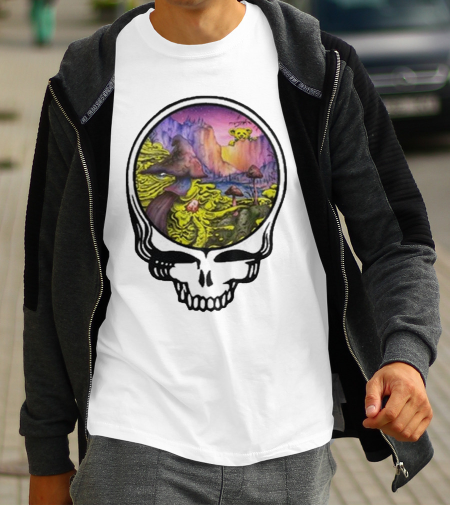 Grateful Dead Skull With Psychedelic Landscape And Mushrooms T-Shirt