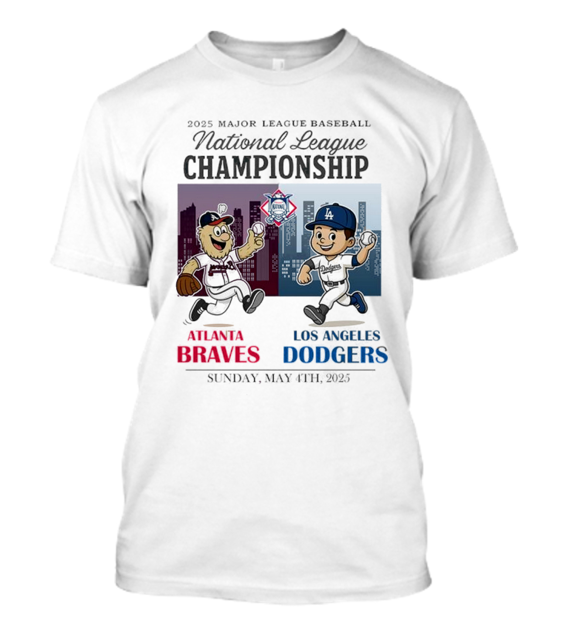 Atlanta Braves Los Angeles Dodgers National League 2025 Major League Baseball Skyline Cartoon Characters T-Shirt