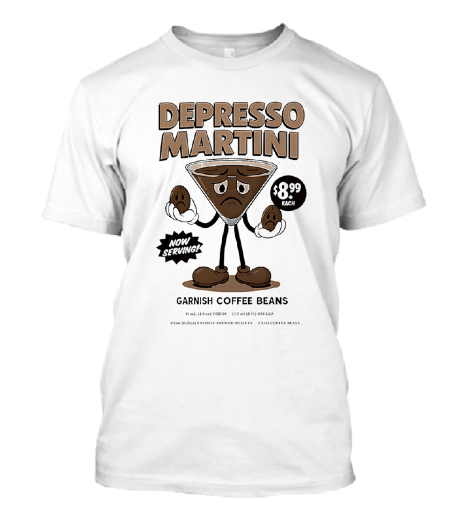 Depresso Martini Garnish Coffee Beans Cartoon Sad Face T-Shirt