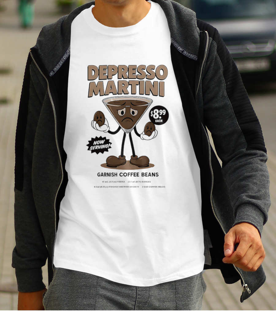 Depresso Martini Garnish Coffee Beans Cartoon Sad Face T-Shirt