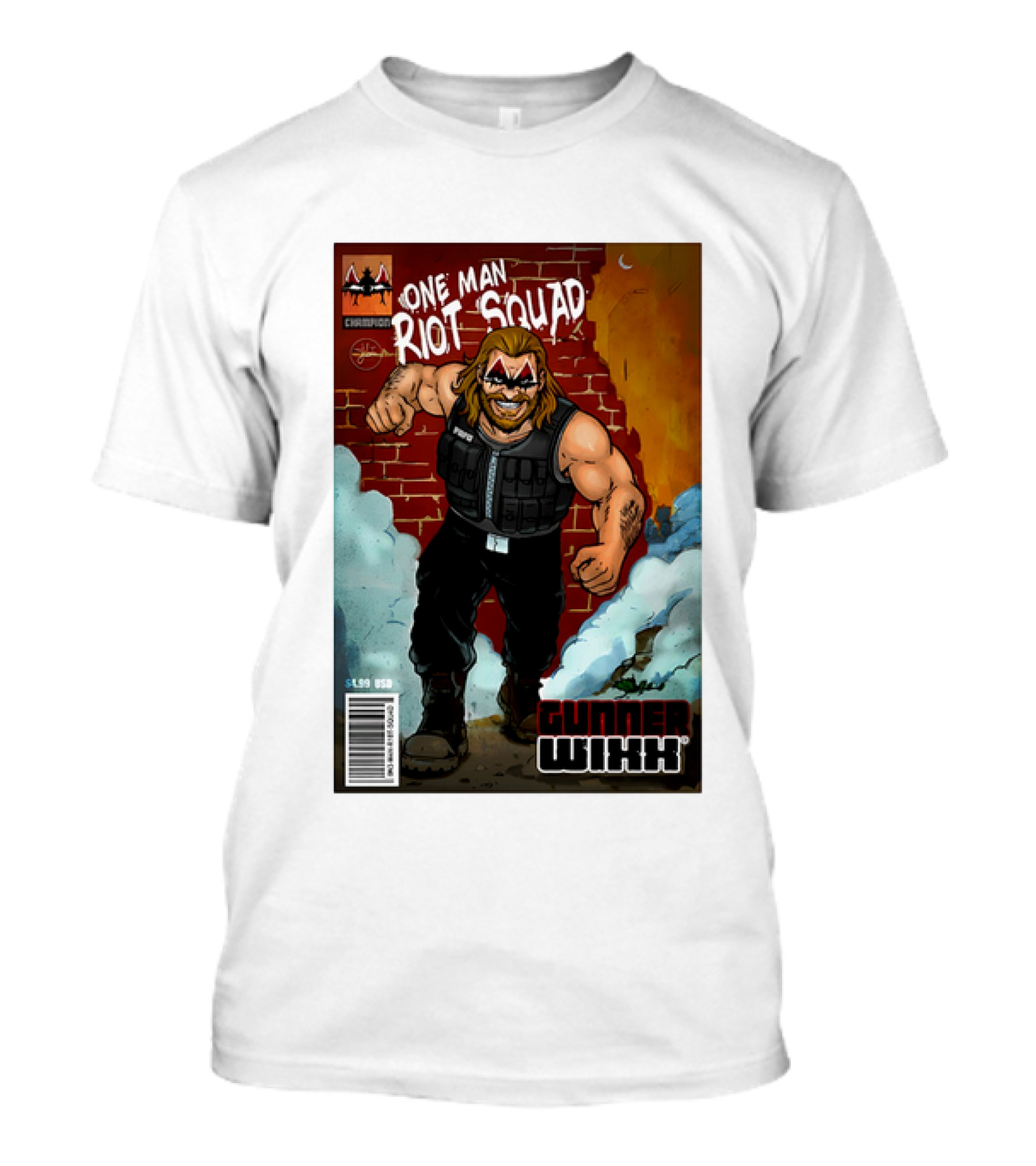 One Man Riot Squad Comic Cover Gunner Wixx Face Paint Featuring Champion Branding T-Shirt