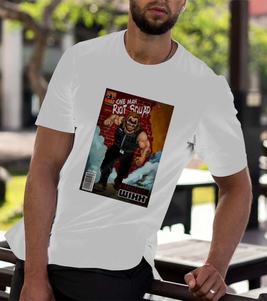 One Man Riot Squad Comic Cover Gunner Wixx Face Paint Featuring Champion Branding T-Shirt