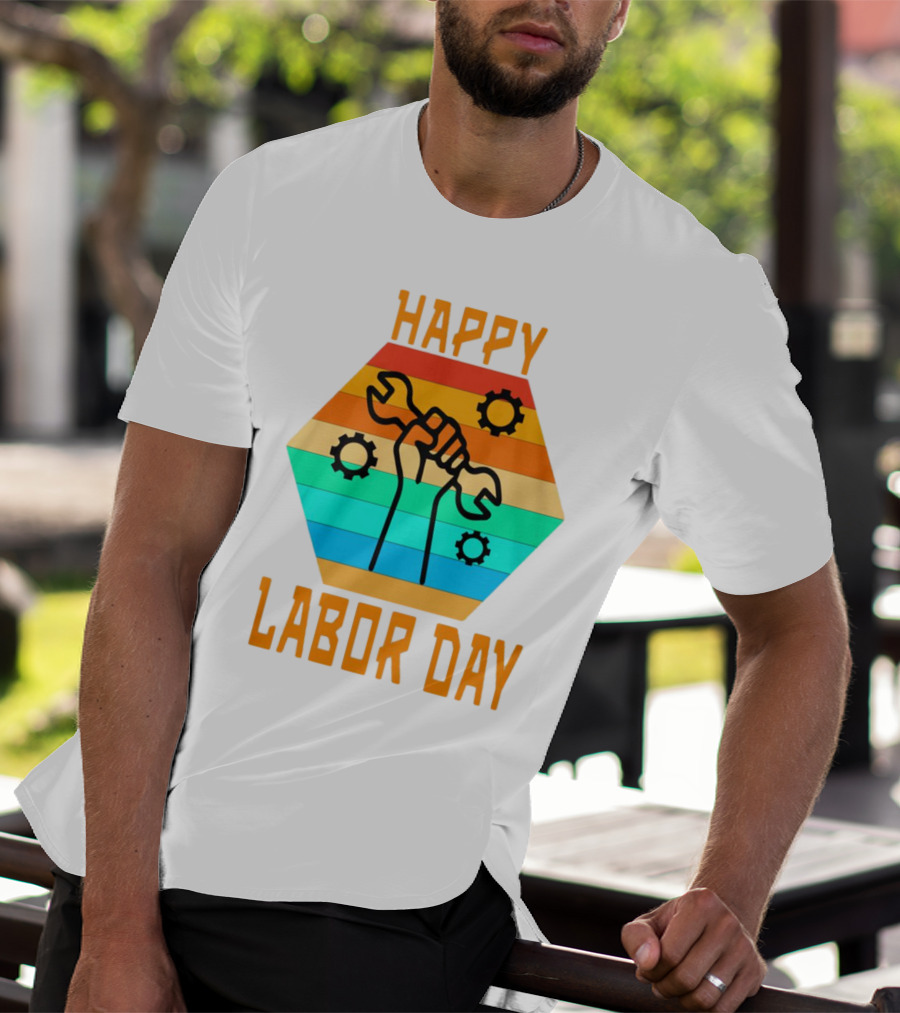 Colorful Wrench Fist Gear Happy Labor Day T-Shirt