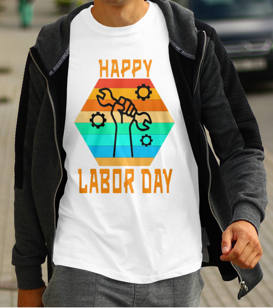 Colorful Wrench Fist Gear Happy Labor Day T-Shirt
