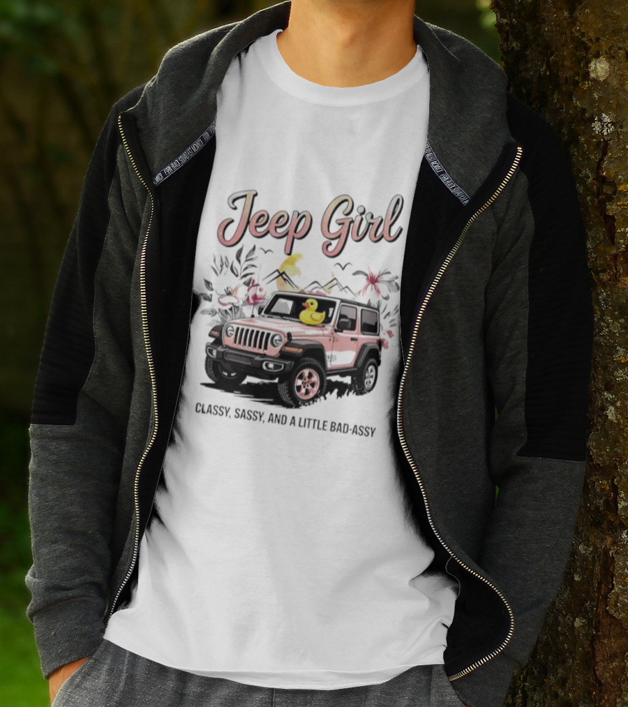Jeep Girl Classy Sassy And Little Bad-Assy Pink Jeep Rubber Duck Floral Bunnies T-Shirt