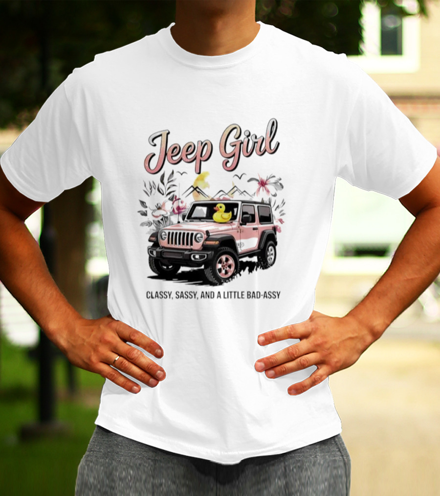 Jeep Girl Classy Sassy And Little Bad-Assy Pink Jeep Rubber Duck Floral Bunnies T-Shirt