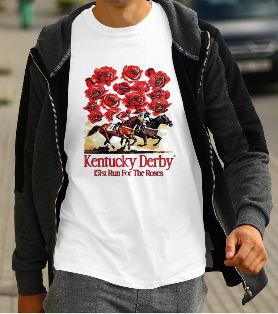 Kentucky Derby 151st Run For The Roses With Horses And Red Roses T-Shirt