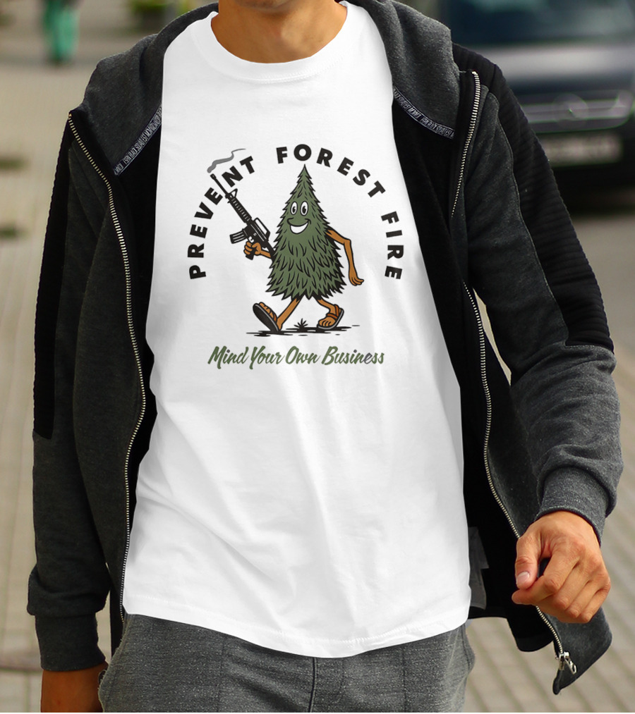 Prevent Forest Fire Mind Your Own Business Tree Cartoon With Rifle T-Shirt