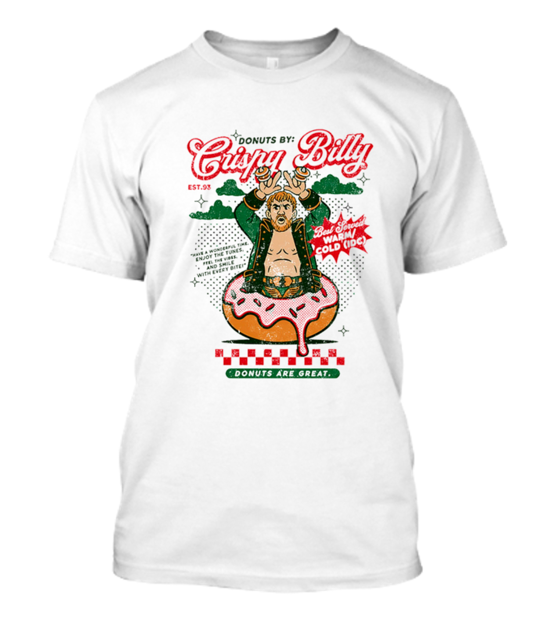 Donuts By Crispy Billy Est. 93 Warm And Delicious Retro Cartoon Wrestler T-Shirt