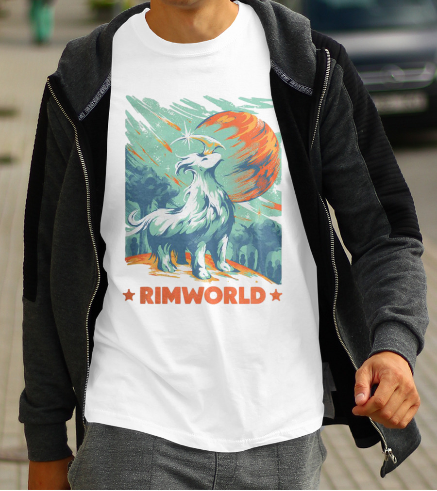 RimWorld Wisest Creature Celestial Spirit Wolf Planetary Backdrop T-Shirt