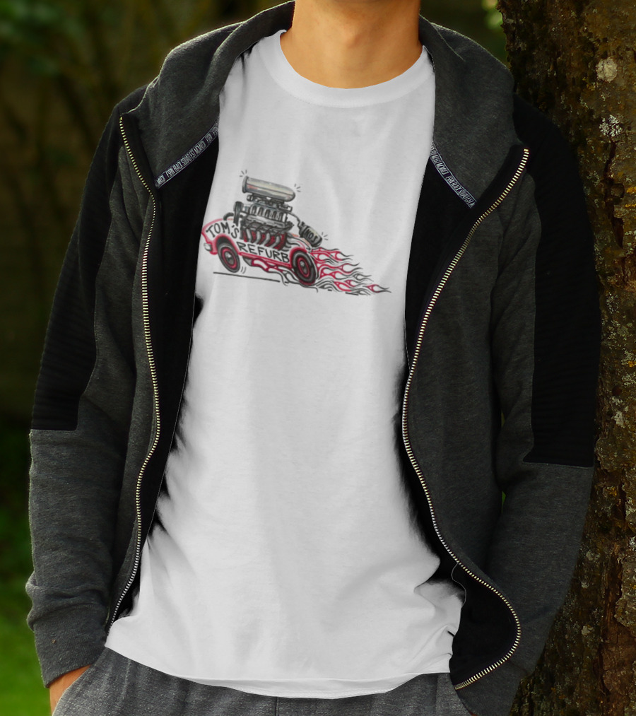 Tom’s Refurb Hot Rod Car Illustration Flames And Engine Art T-Shirt