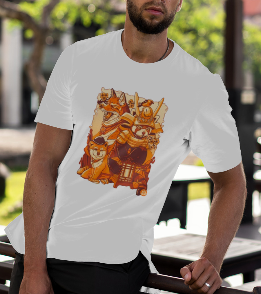 Tenhun Orange Fuzz Fox And Samurai Red Panda With Lantern T-Shirt
