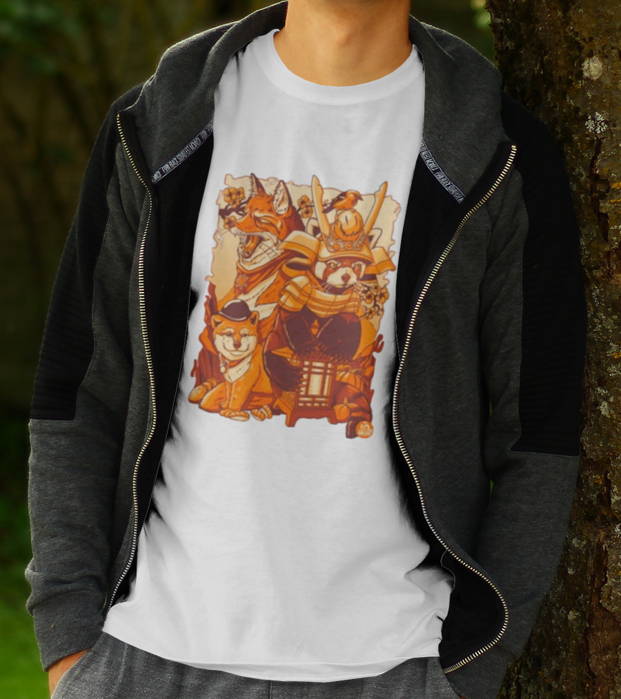 Tenhun Orange Fuzz Fox And Samurai Red Panda With Lantern T-Shirt