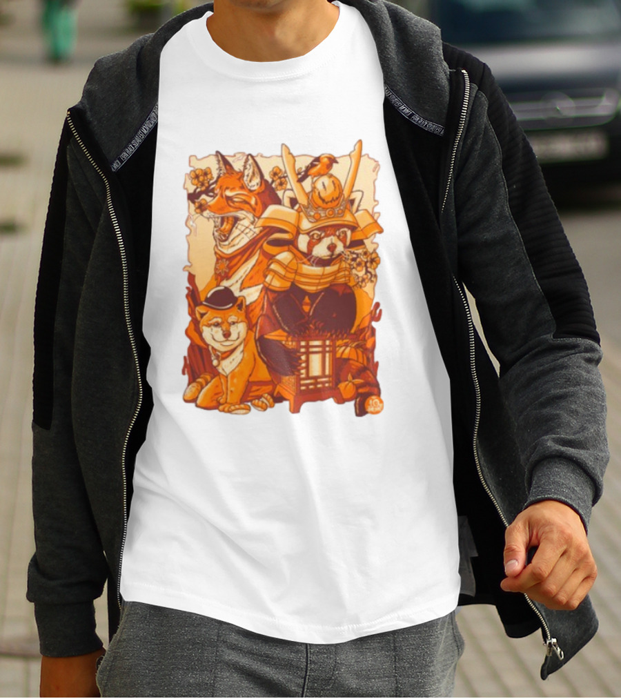 Tenhun Orange Fuzz Fox And Samurai Red Panda With Lantern T-Shirt