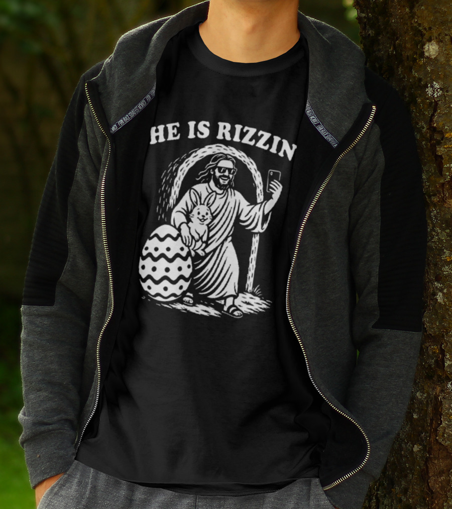 He Is Rizzin Jesus With Bunny And Easter Egg Selfie T-Shirt