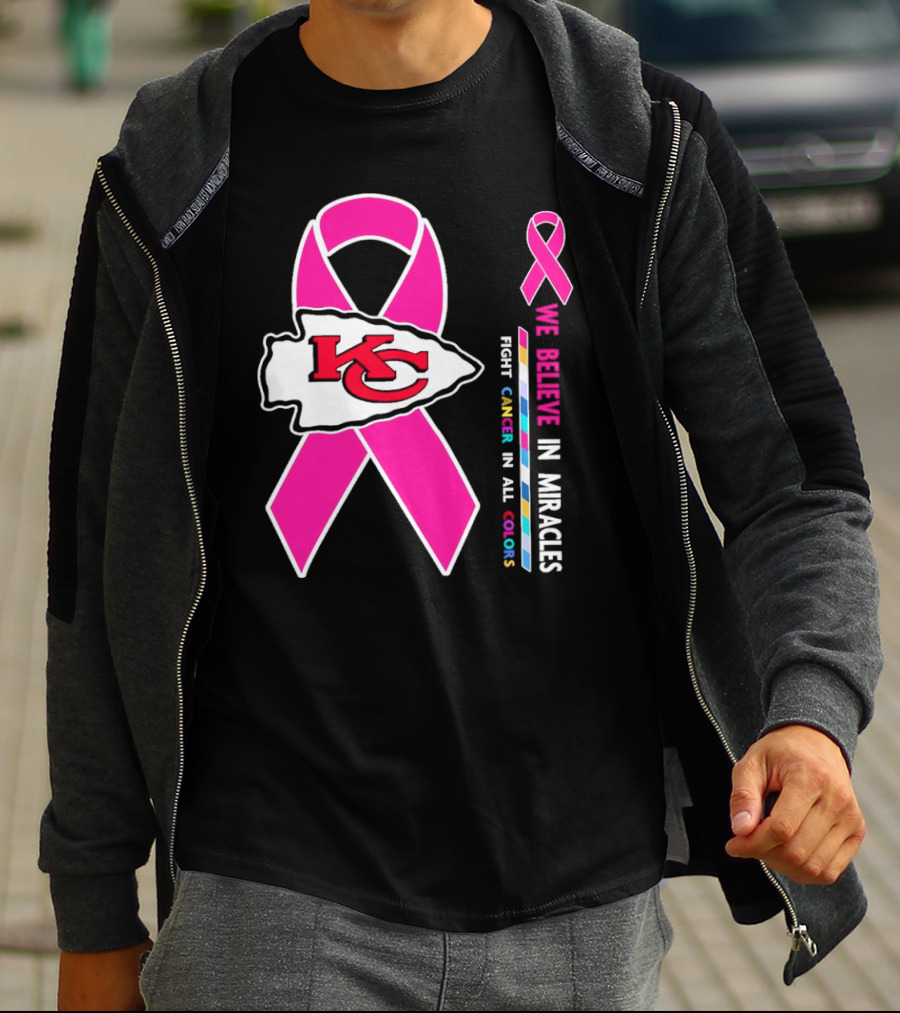 Kansas City Chiefs Pink Ribbon We Believe In Miracles Fight Cancer In All Colors T-Shirt