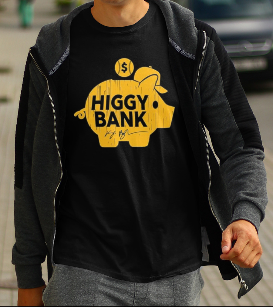 Higgy Bank Piggy Bank Graphic Baseball Theme With Signature And Dollar Sign T-Shirt