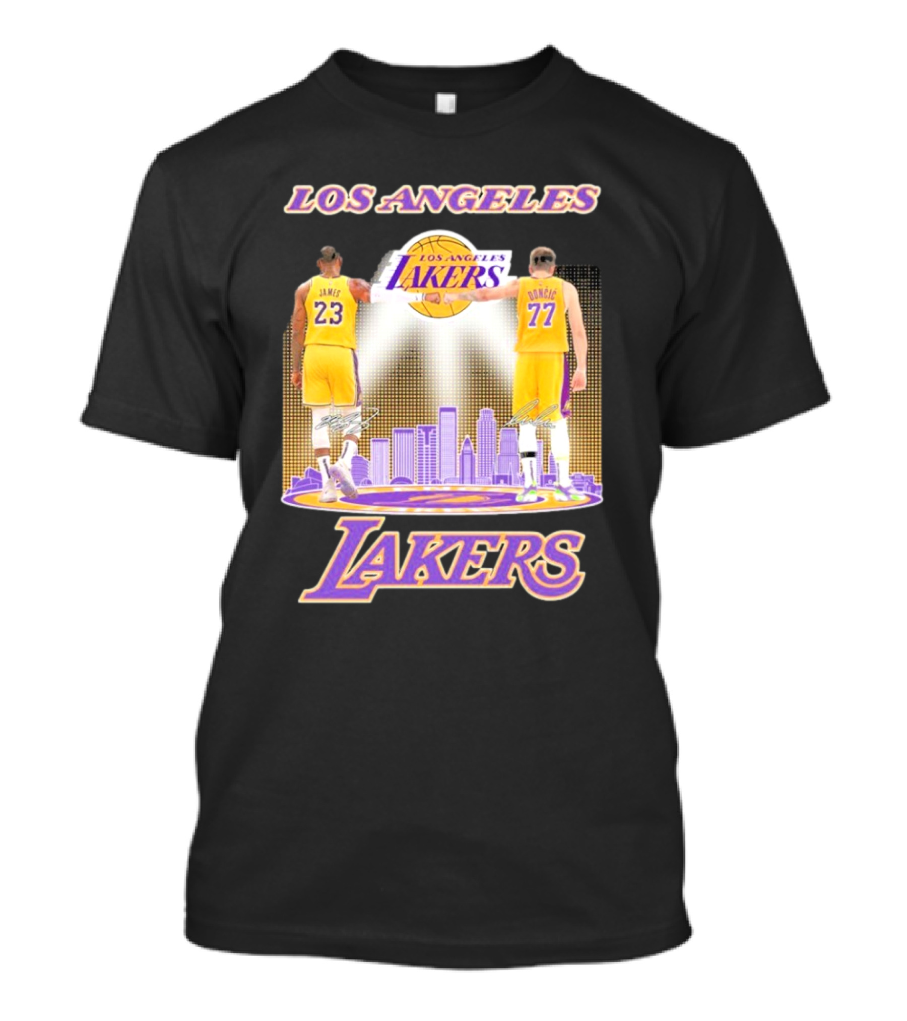Los Angeles Lakers Luka Doncic Lebron James 23 77 City Skyline T-Shirt