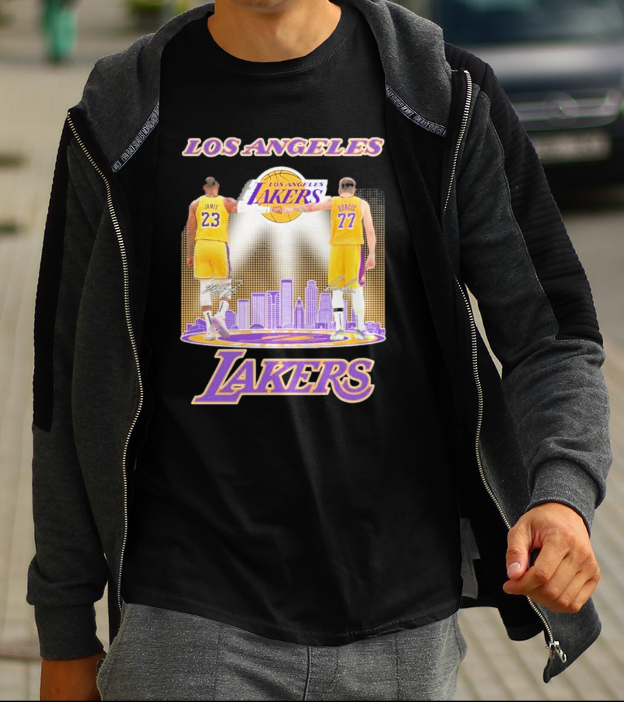 Los Angeles Lakers Luka Doncic Lebron James 23 77 City Skyline T-Shirt