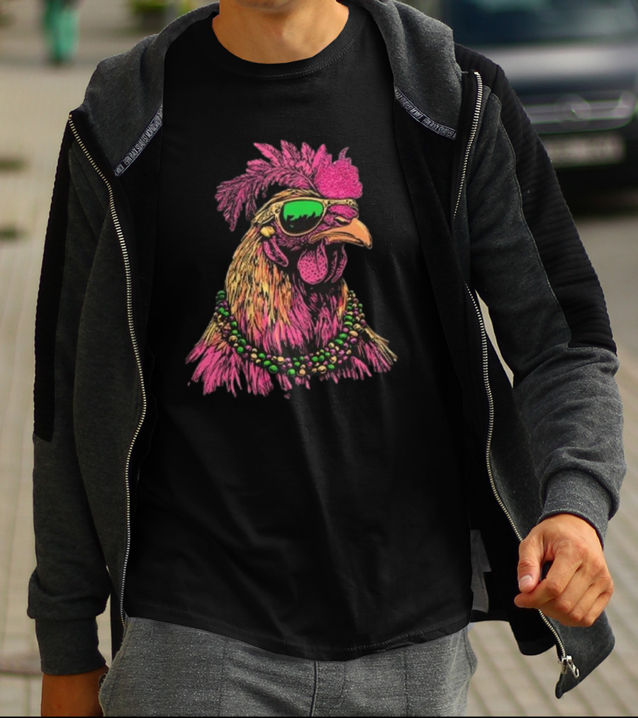 Mardi Gras Chicken Beads And Sunglasses Vibrant Rooster T-Shirt