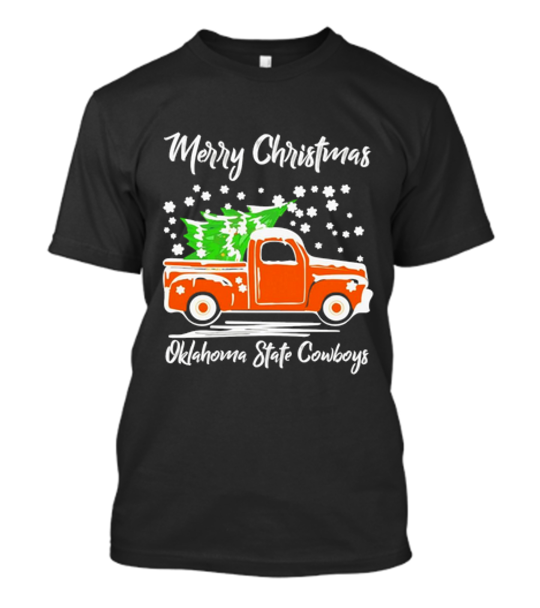 Merry Christmas Oklahoma State Cowboys Orange Truck Snowflakes Green Trees T-Shirt