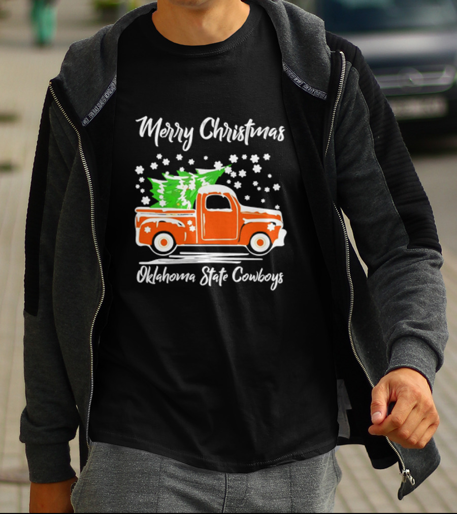 Merry Christmas Oklahoma State Cowboys Orange Truck Snowflakes Green Trees T-Shirt