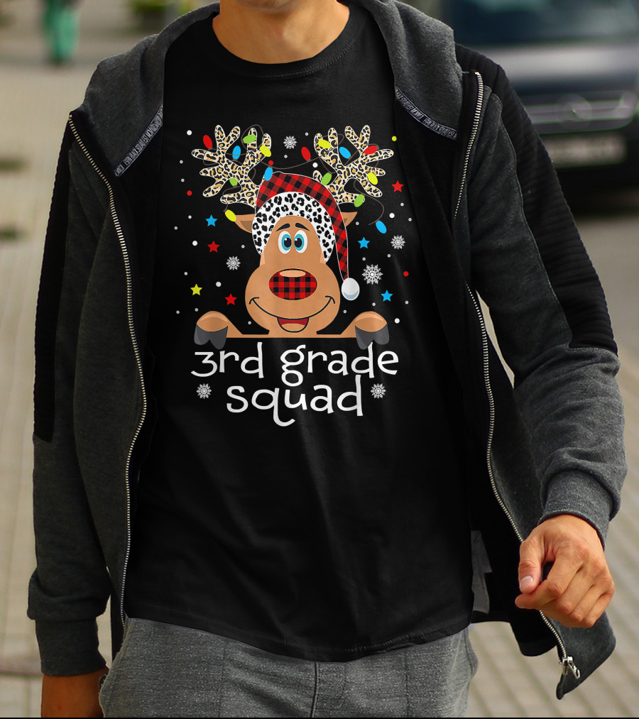 3rd Grade Squad Santa Hat Plaid Reindeer Christmas Teacher T-Shirt
