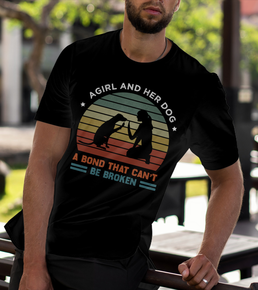 A Girl And Her Dog A Bond That Can't Be Broken Vintage Dog Silhouette Retro Stripes T-Shirt