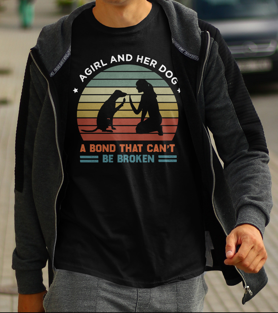 A Girl And Her Dog A Bond That Can't Be Broken Vintage Dog Silhouette Retro Stripes T-Shirt
