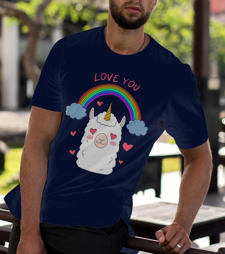 Love You Alpaca Unicorn Rainbow Cloud Hearts T-Shirt