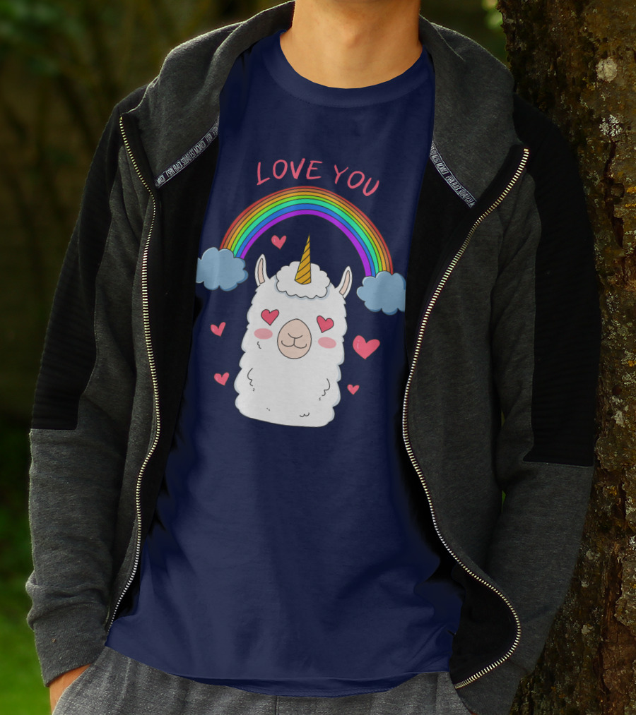 Love You Alpaca Unicorn Rainbow Cloud Hearts T-Shirt