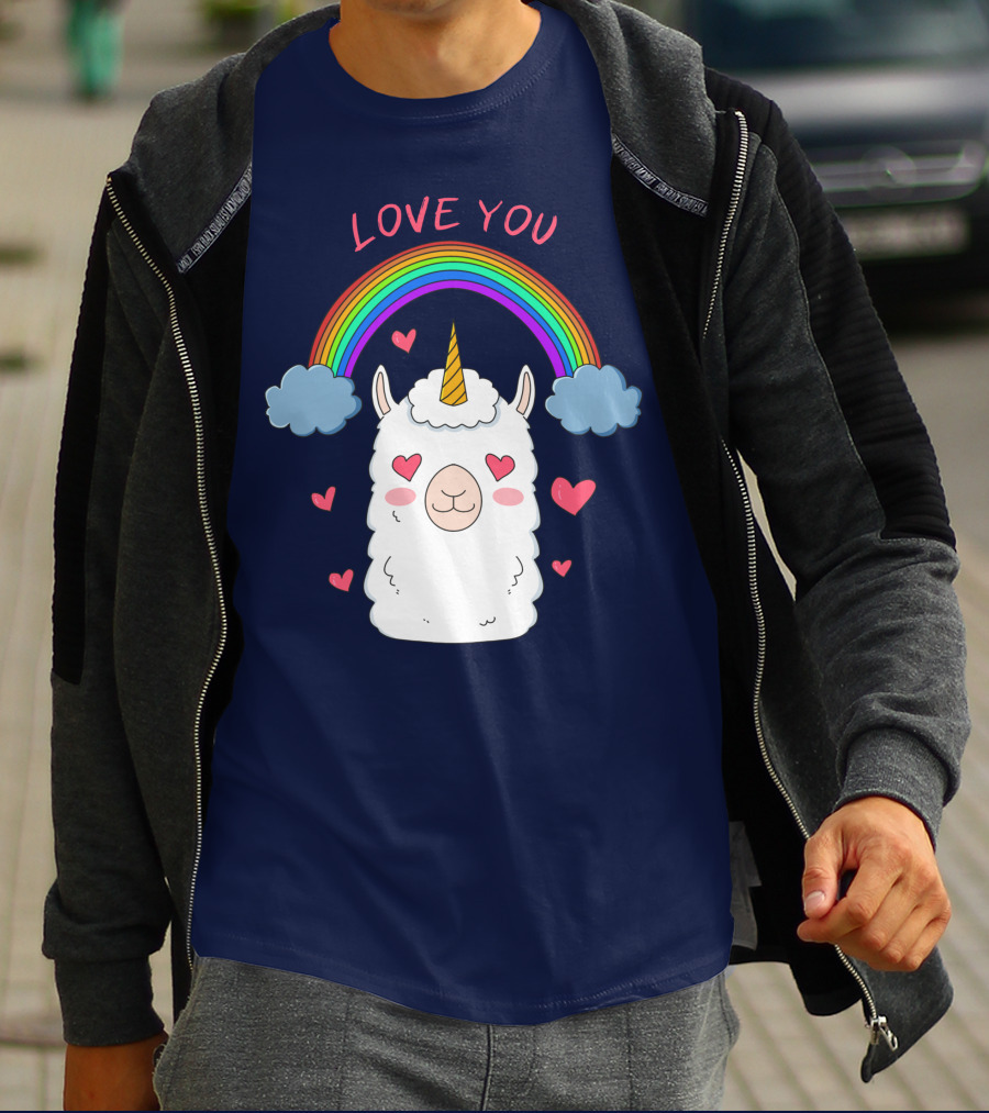 Love You Alpaca Unicorn Rainbow Cloud Hearts T-Shirt