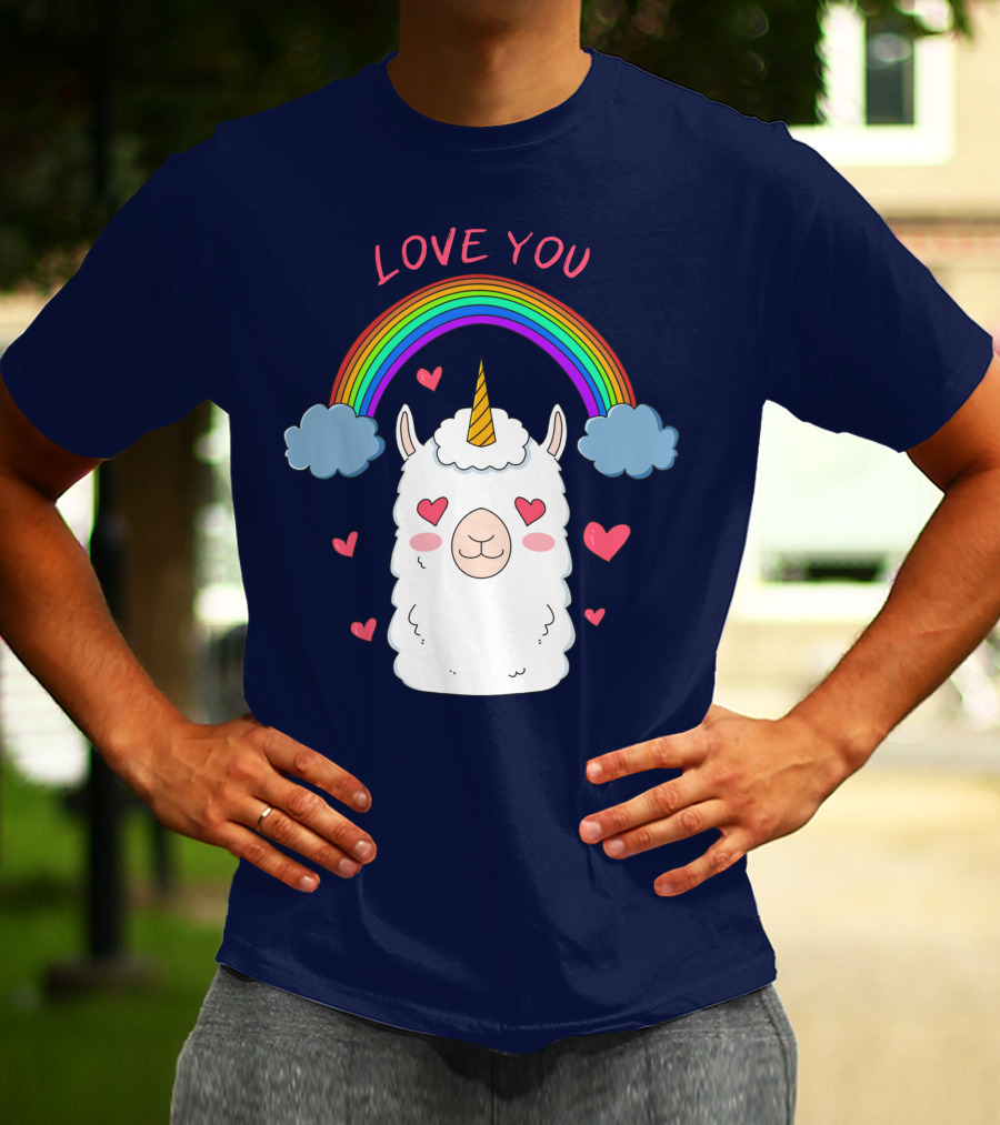 Love You Alpaca Unicorn Rainbow Cloud Hearts T-Shirt