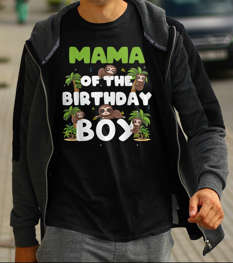 Mama Of The Birthday Boy Sloth Boy Party Family Tropical Palm Trees T-Shirt