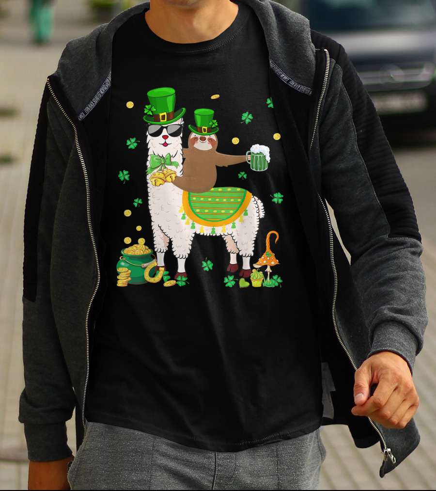 Lucky Shamrock Llama Sloth Lover Happy St Patrick's Day Coins Beer Hat T-Shirt