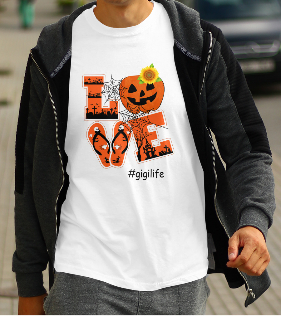 Love Pumpkin Halloween Theme #GigiLife With Spider Web And Sunflower T-Shirt