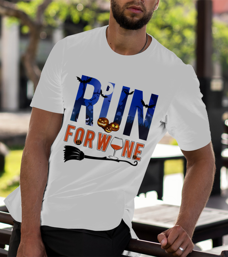 Halloween Run For Wine With Bats, Pumpkins, Witch's Broom, And Wine Glass T-Shirt