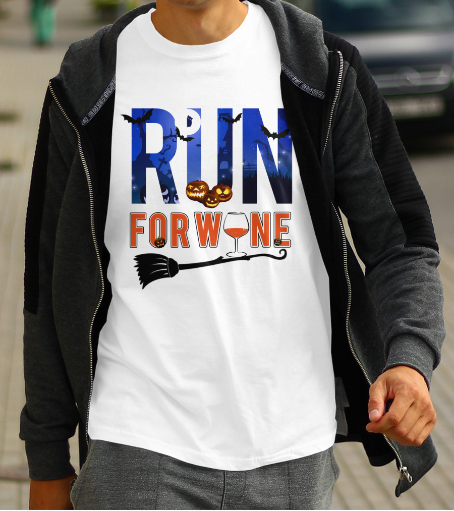 Halloween Run For Wine With Bats, Pumpkins, Witch's Broom, And Wine Glass T-Shirt