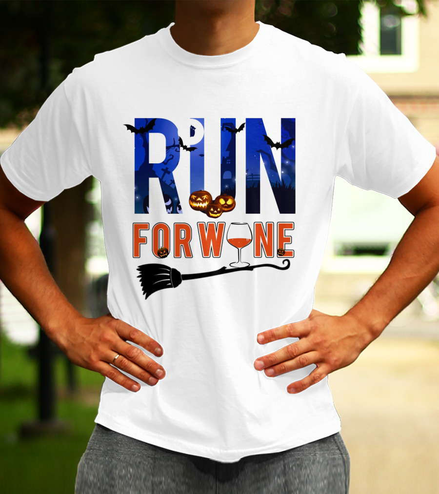 Halloween Run For Wine With Bats, Pumpkins, Witch's Broom, And Wine Glass T-Shirt
