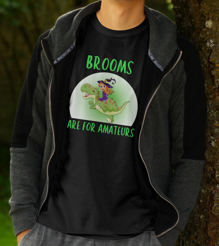Brooms Are For Amateurs Witch Riding Dinosaur T-Shirt