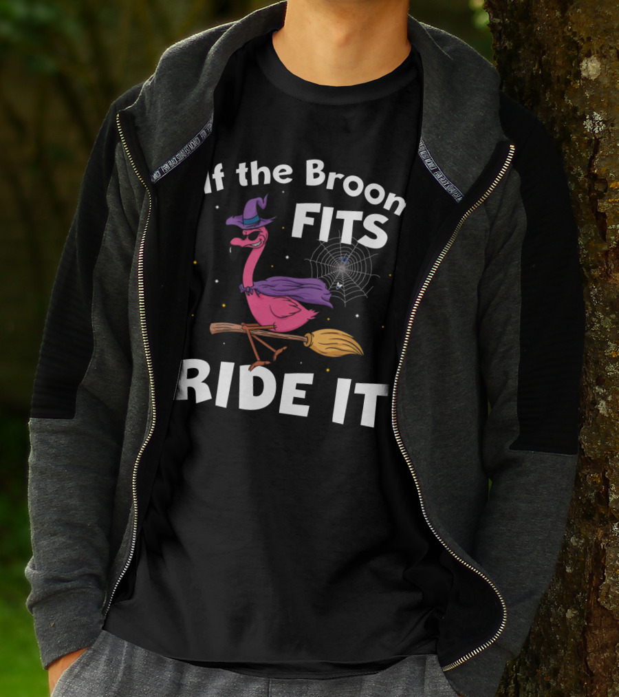 If The Broom Fits Ride It Flamingo Witch Hat Broomstick Halloween T-Shirt