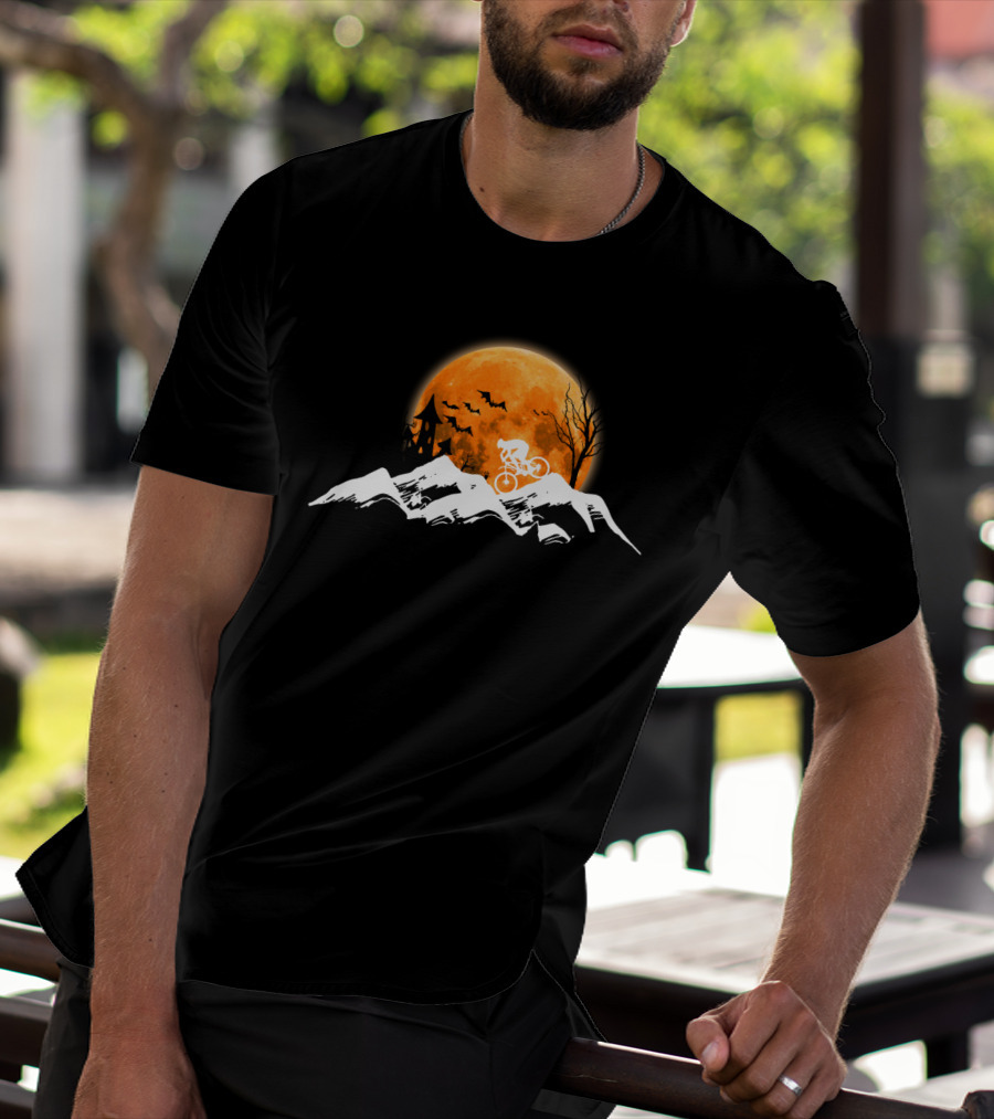 Mountain Biking Halloween Adventure Full Moon Haunted Castle Bats Scenic Ride T-Shirt