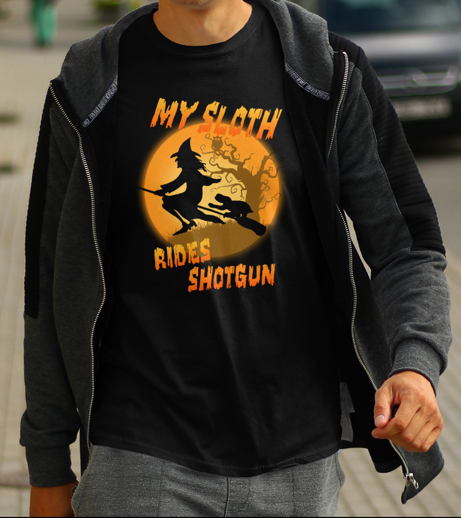 My Sloth Rides Shotgun Witch And Sloth Flying On Broomstick Full Moon T-Shirt
