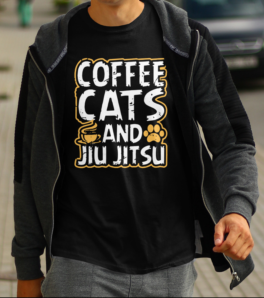 Coffee Cats And Jiu Jitsu With Coffee Cup And Cat Paw Prints T-Shirt