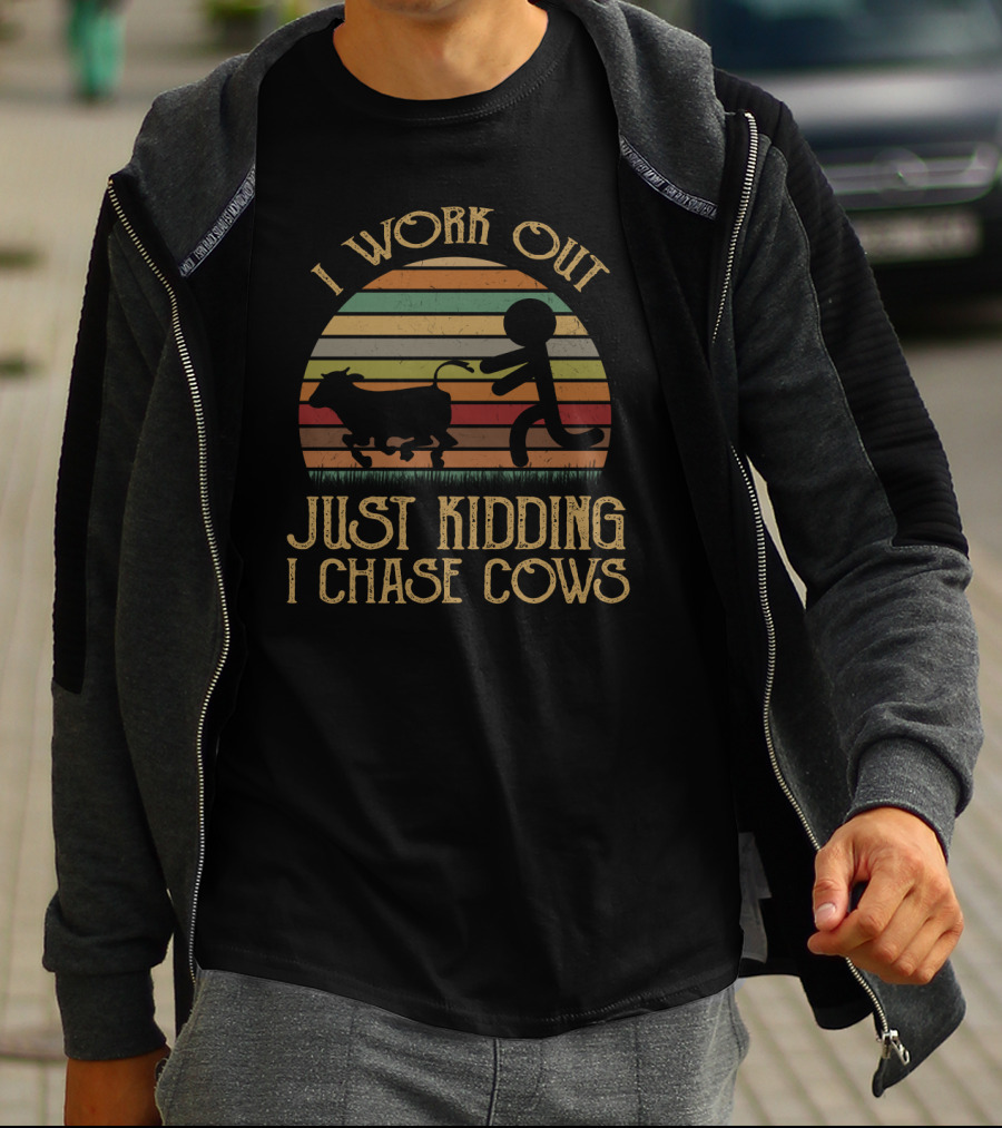 I Work Out Just Kidding I Chase Cows Stick Figure Retro Sunset T-Shirt