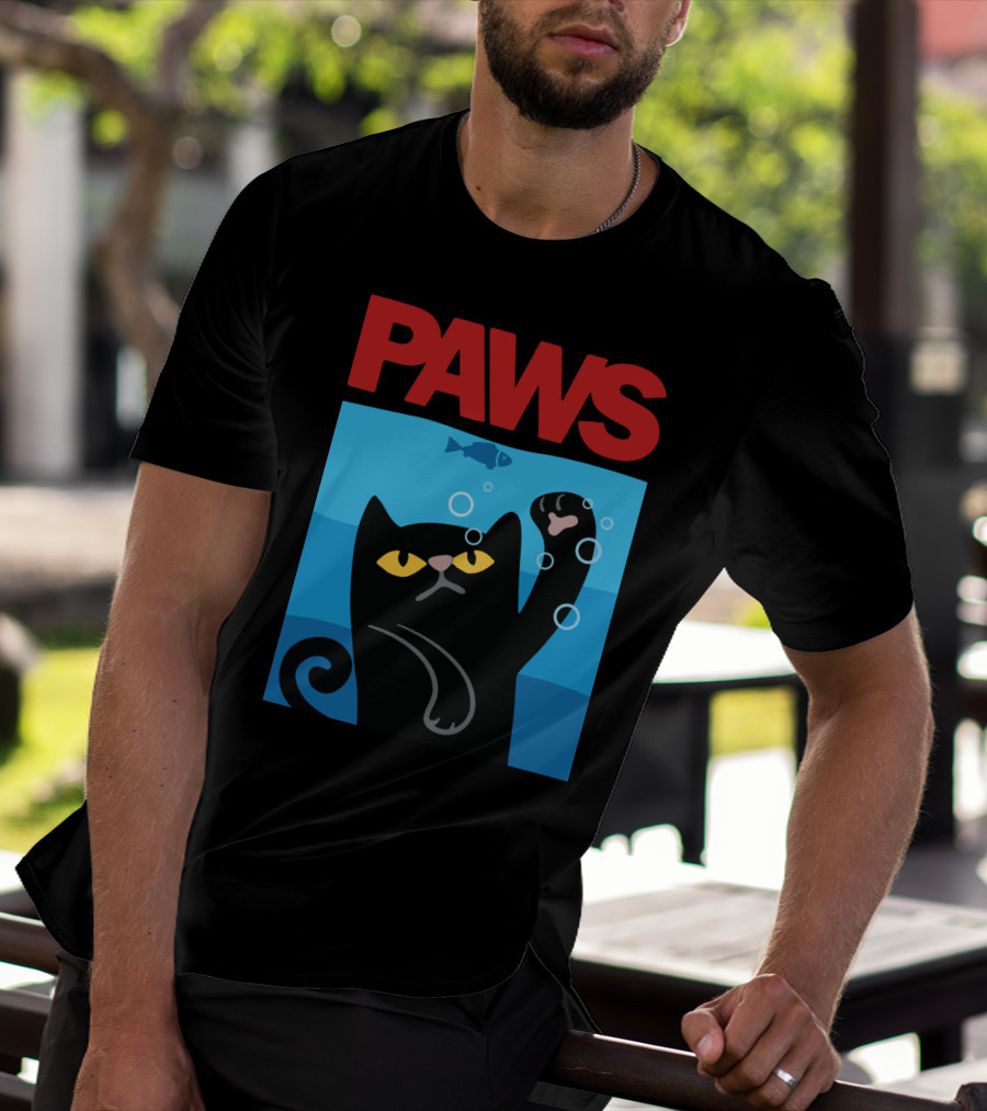 PAWS Jaws Parody Black Cat With Fish In Water T-Shirt