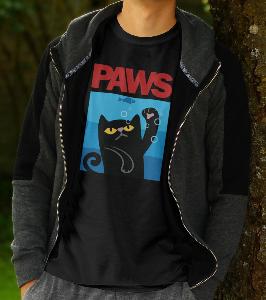 PAWS Jaws Parody Black Cat With Fish In Water T-Shirt