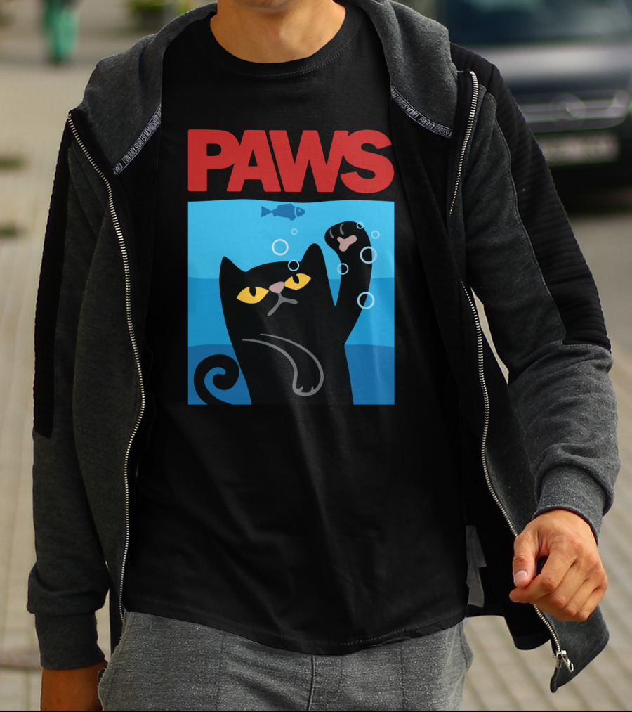 PAWS Jaws Parody Black Cat With Fish In Water T-Shirt