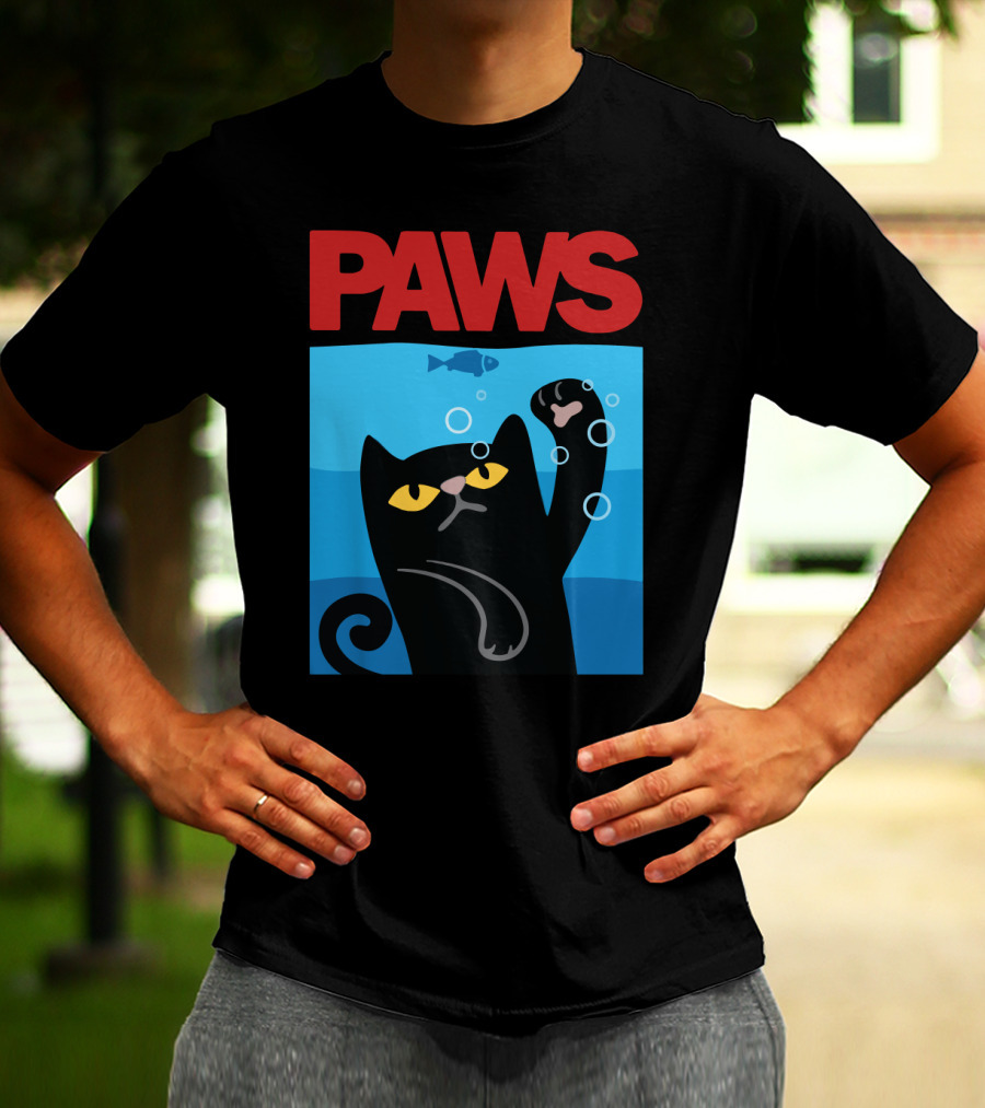PAWS Jaws Parody Black Cat With Fish In Water T-Shirt