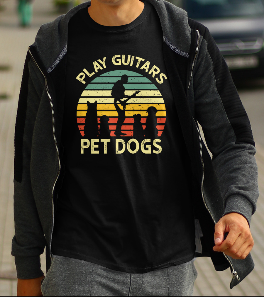 Play Guitars Pet Dogs Retro Silhouette With Dogs And Guitar Player T-Shirt